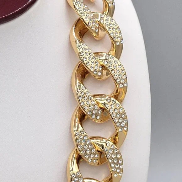 Gold Tone Linking Chain Rhinestone Studded Bib Necklace Collar Length Chunky - Picture 7 of 8